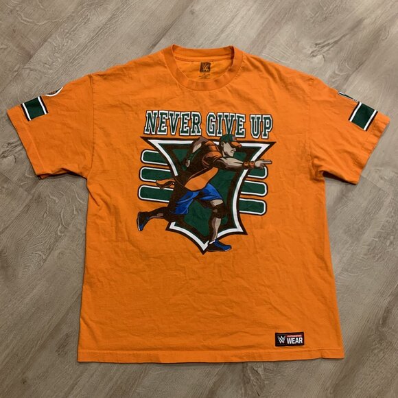 WWE John Cena T-Shirt Men's XL Never Give Up / You Can't See Me 15X Orange - Picture 1 of 7